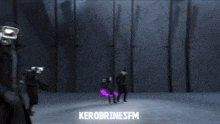 a group of people standing in front of a wall with the name kerobrinesfm on it