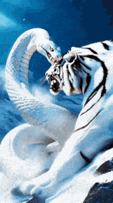 a painting of a tiger and a white snake in the snow