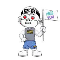 a cartoon character is holding a flag that says " miss you "