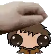 a hand is putting a cartoon character 's head on top of another cartoon character 's head .