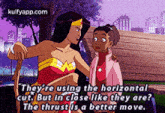 wonder woman is talking to a girl in a cartoon while holding a cane .
