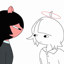 a drawing of a devil and an angel with a halo on their heads