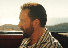 a man with a beard wearing a striped shirt looks to the side