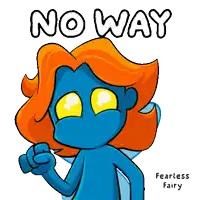 a cartoon of a blue fairy with orange hair says " no way "