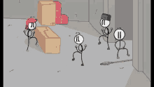 a group of stick figures are playing a game in a room with boxes .