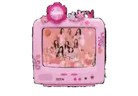 a pink barbie picture frame with three girls on the screen