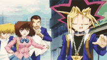 a group of anime characters including yu gi oh are standing in a crowd