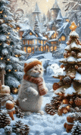 a cat wearing a scarf and a hat is standing in front of a christmas tree