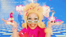 a woman in a pink wig and sunglasses holds her hands out in front of a screen that says code disabled for