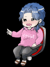 a girl with blue hair is wearing a pink shirt that says iyad