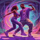 a man and a woman are dancing together on a stage in a colorful painting .