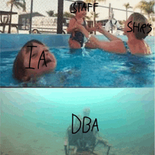 a woman in a pool with the word staff written on her