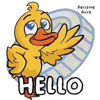 a cartoon of a duck saying hello with a heart in the background