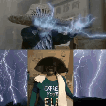 a woman wearing a shirt that says express your ela stands in front of lightning