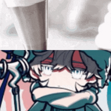 a close up of a person 's face next to a glass of milk and a drawing of a person .