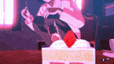 a pixel art of a girl sitting at a table with a piece of cake with strawberries on top .