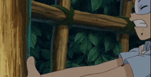 a cartoon character is laying on a wooden fence with a surprised look on his face