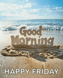 a picture of a beach with the words good morning happy friday on it