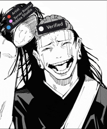 a black and white drawing of a person with a verified label on their head