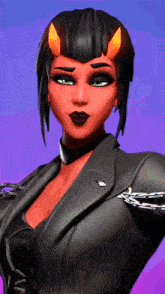 a woman with horns on her head wearing a black jacket