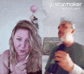 a man and a woman are singing into microphones on starmaker