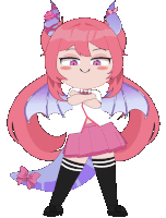 a drawing of a girl with pink hair and purple horns standing with her arms crossed