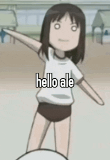 a cartoon girl is standing on a ball with her arms outstretched and the words `` hello ale '' written on her face .