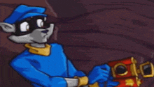 a cartoon character is holding a camera with a star on it .