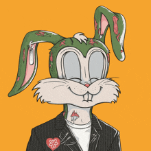 a cartoon of a bunny with a flower pinned to his chest