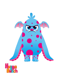 a blue monster with pink polka dots and the words hugga bunch