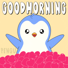 a penguin is surrounded by pink hearts and the words good morning are above it