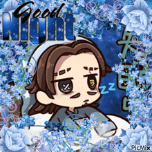 a picture of a boy sleeping with the words " good night " written above him