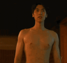 a shirtless man stands in a dark room with the letter y visible in the corner