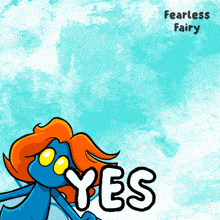 a blue cartoon character with red hair says yes on a blue background