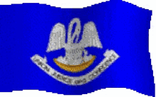 a blue flag with a statue of a swan and a banner that says " peace and liberty "