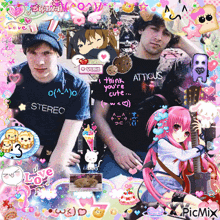 a man wearing a stereo shirt stands next to a girl with a guitar