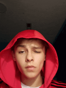 a young man wearing a red adidas hoodie looks at the camera with his eyes closed