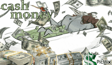 a picture of a person laying on a bed with money falling around them and the words cash money