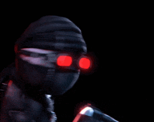 a cartoon character has red eyes and a gun