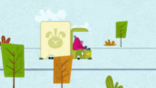 a cartoon drawing of a rabbit driving a green car