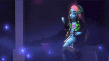 a monster high doll is dancing in a dark room with purple lights .