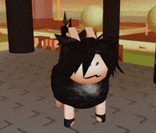 a cartoon character with black hair and horns is standing on a tile floor