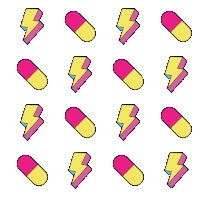 a pattern of pink and yellow pills and lightning bolts on a white background