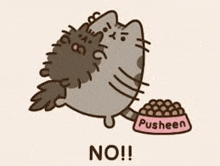 a cartoon cat is standing next to a bowl of food and says no .