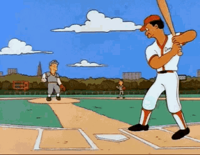 a cartoon of a baseball player swinging a bat at a pitch .