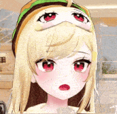a girl with blonde hair and red eyes wears a hamburger mask on her head