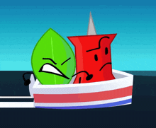 a green leaf and a red pin are in a small boat