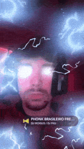 a man wearing headphones has lightning coming out of his eyes and the words phonk brasileiro fre