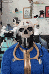 a person wearing a hello kitty beanie and a skull mask with the words mad dweep asl ( 28 ) at the top