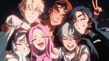a group of anime characters are posing for a picture and one of them is giving the peace sign